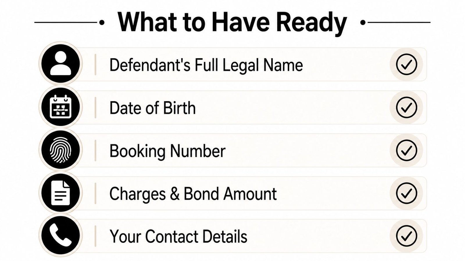 A checklist titled What to Have Ready containing five essential items needed for legal bail services.