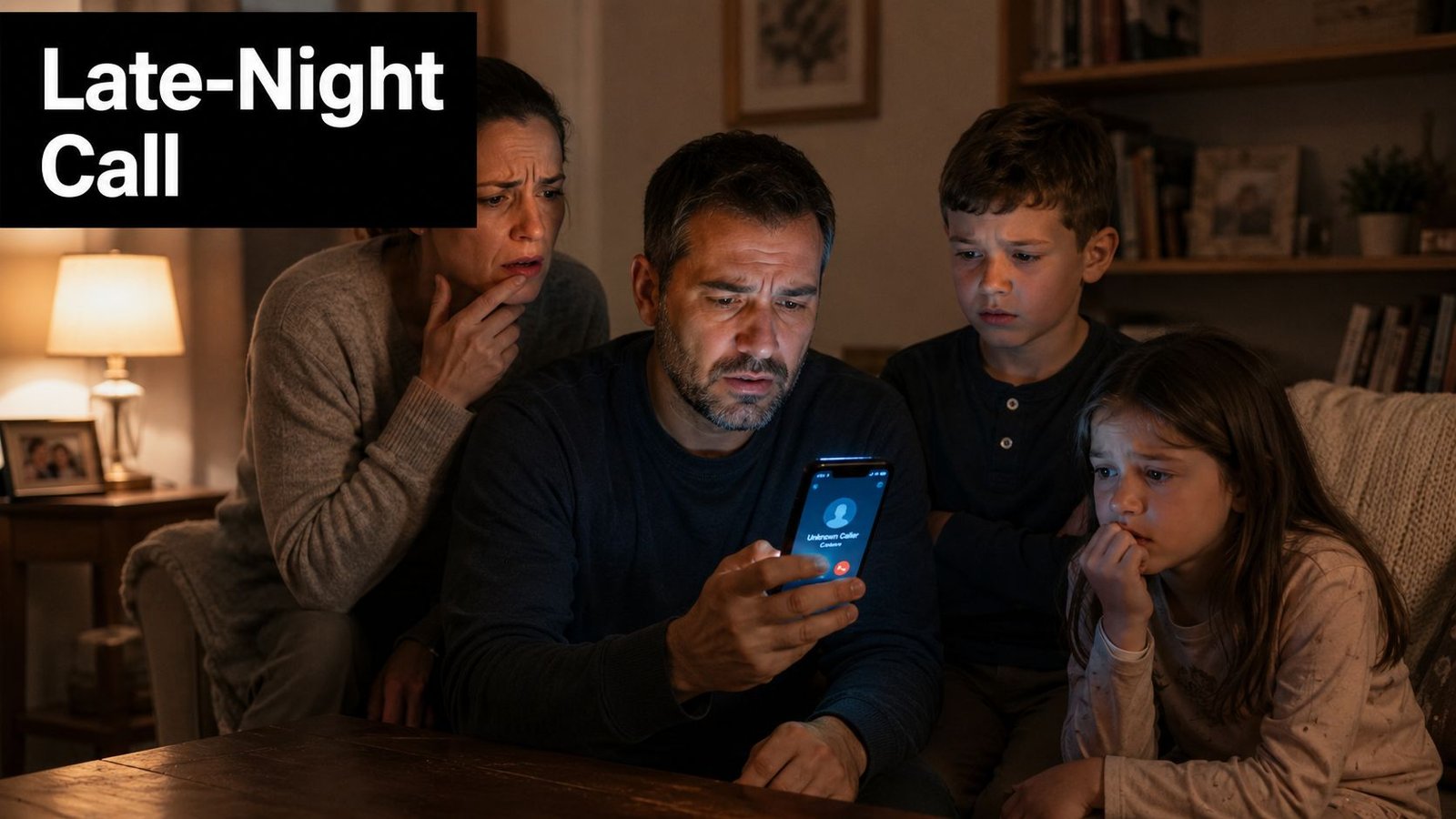 A concerned family of four sits together in a dark room looking anxiously at an incoming call.