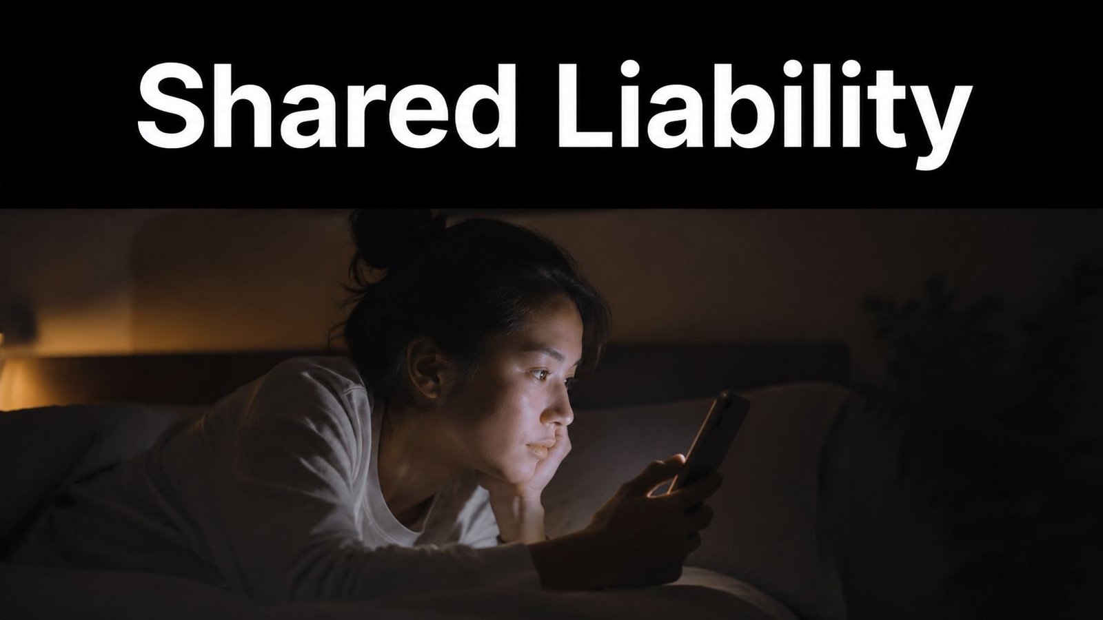 A young person lying in bed at night looking at their smartphone with a worried expression.