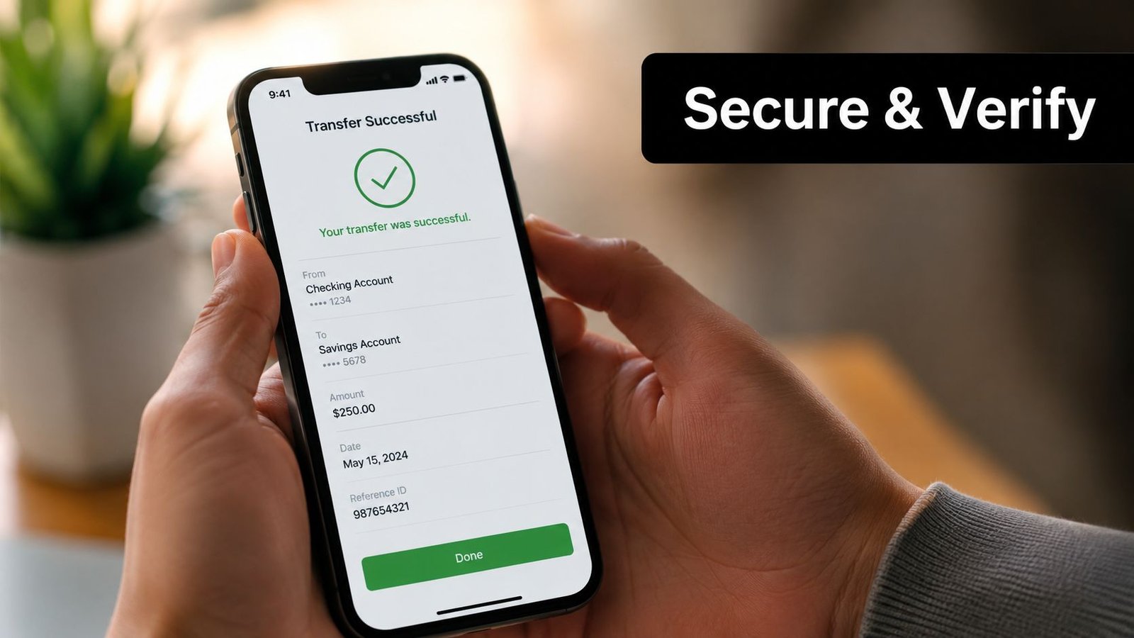 A close-up shot of a person holding a smartphone displaying a successful electronic bank transfer transaction screen.