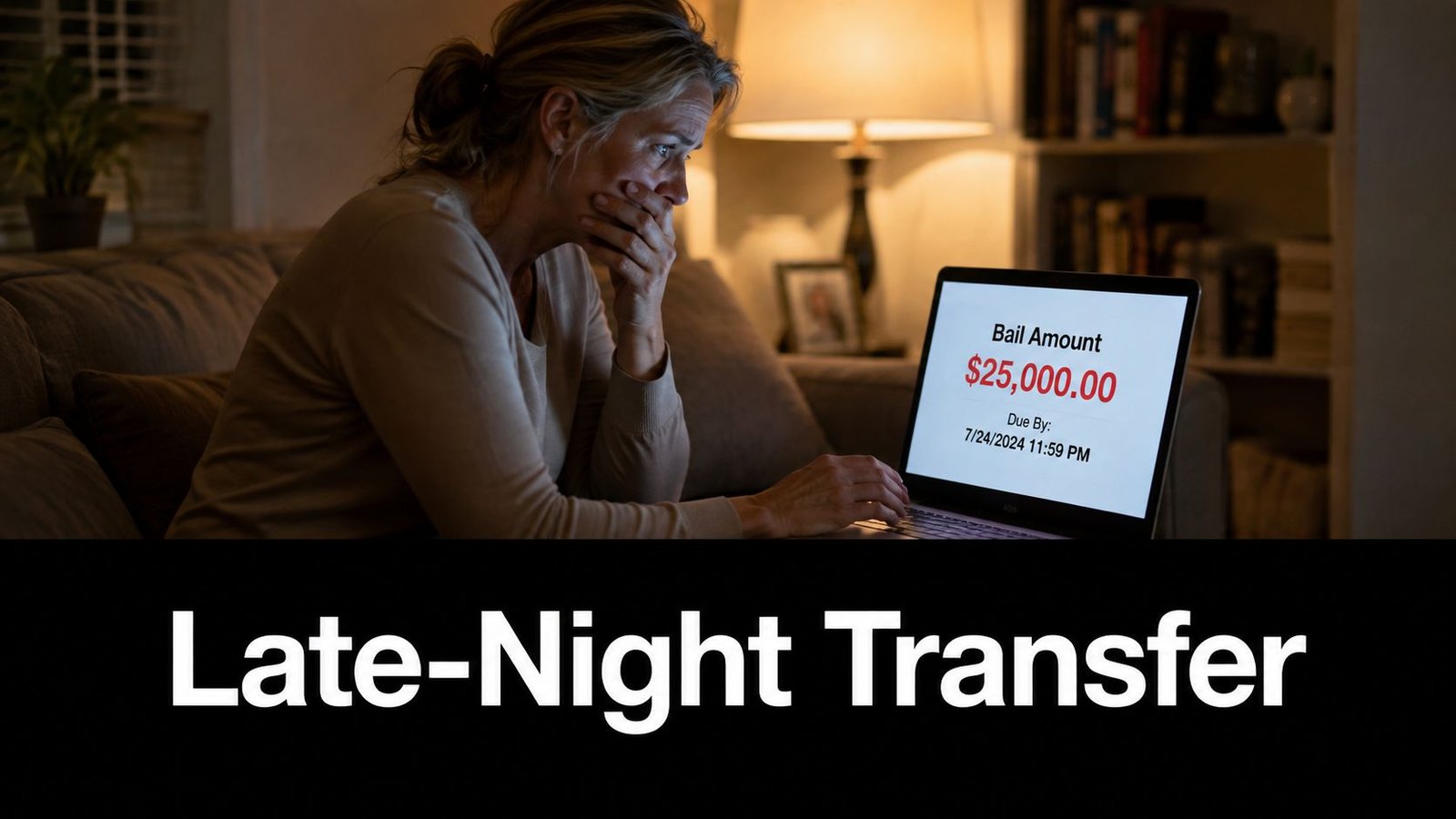 A concerned woman sits on a couch at night, looking at a computer screen displaying bail information.