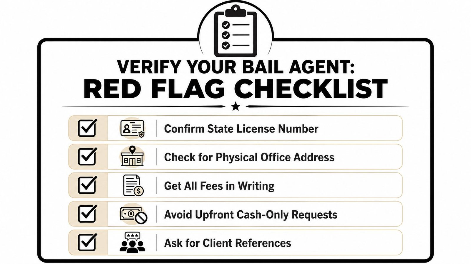 A red flag checklist for verifying the legitimacy of a bail agent before choosing their services.
