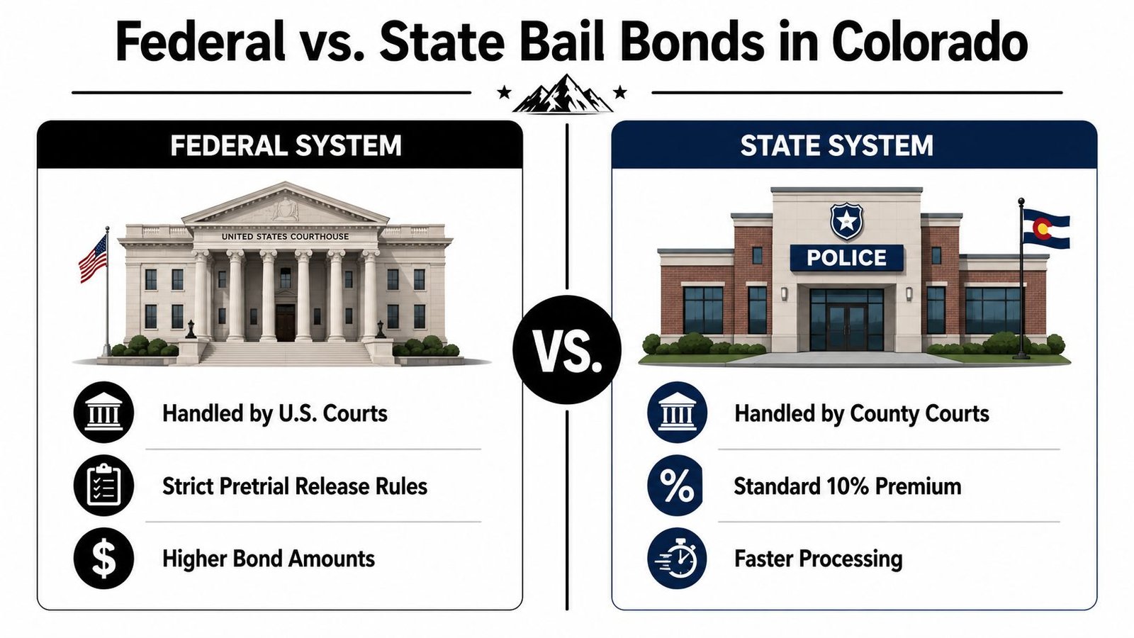 A comparison infographic showing differences between federal and state bail bond systems in Colorado.