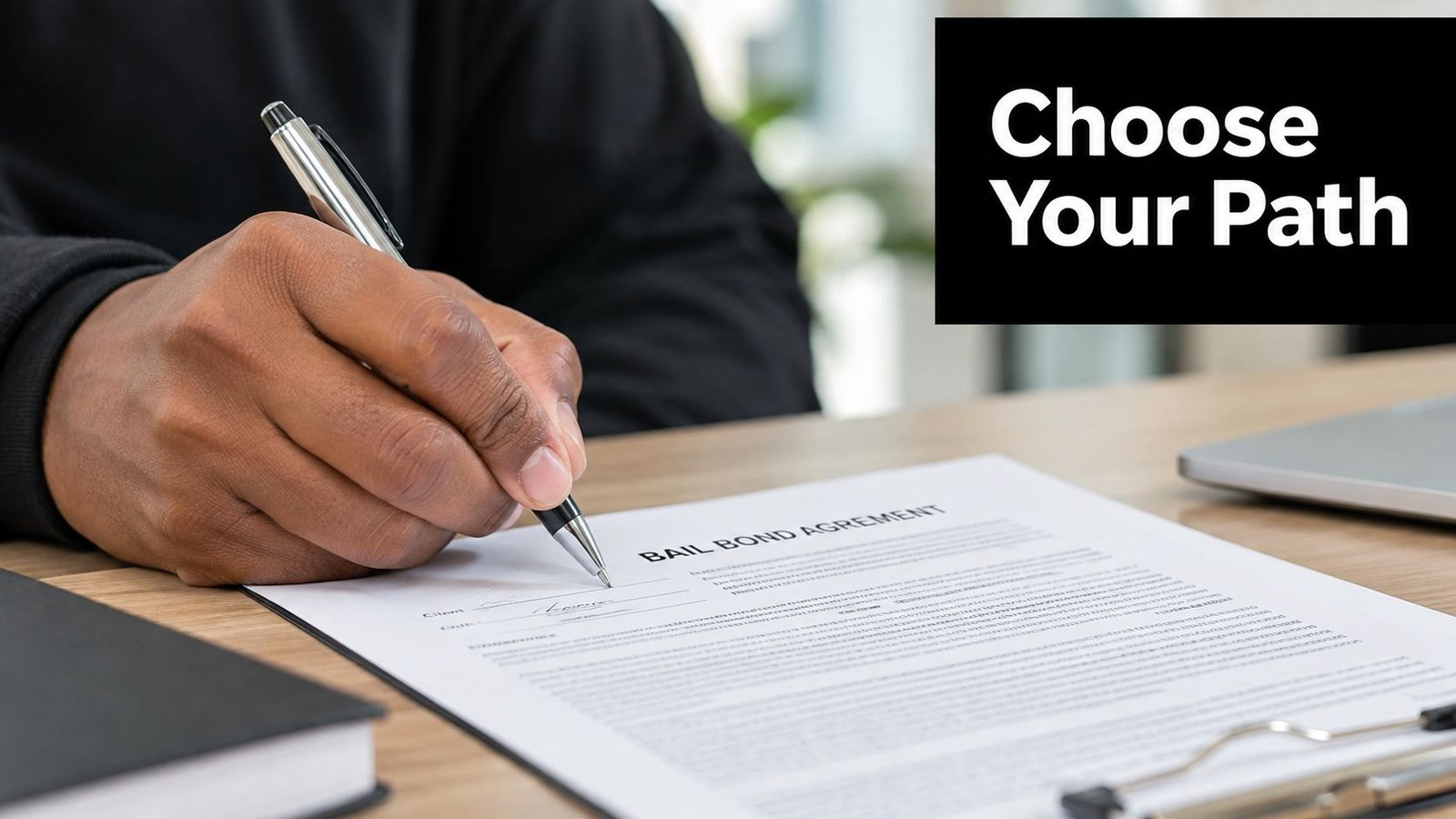 A close up view of a person hand signing a legal bail bond agreement document on desk.