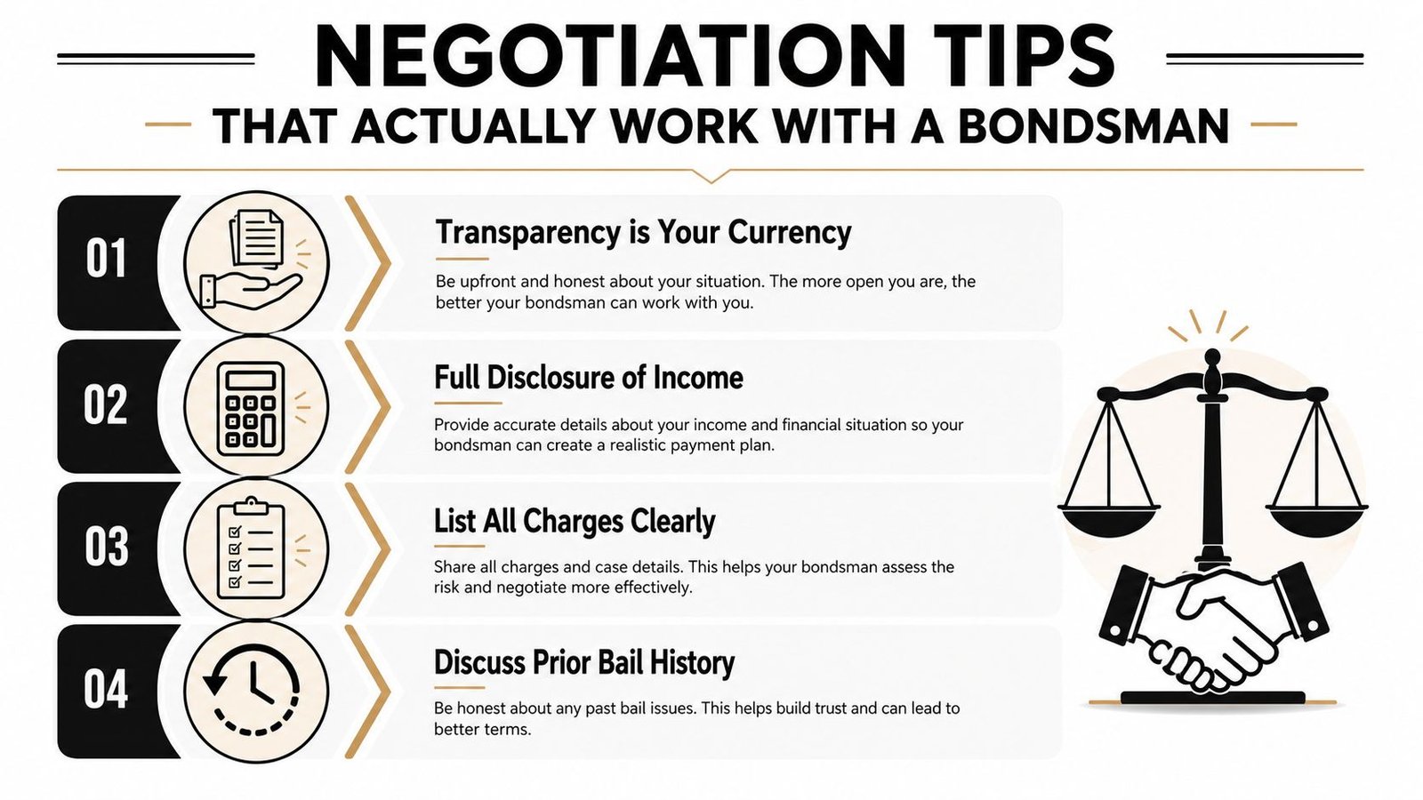 An infographic titled Negotiation Tips That Actually Work With A Bondsman showing four numbered steps for communication.