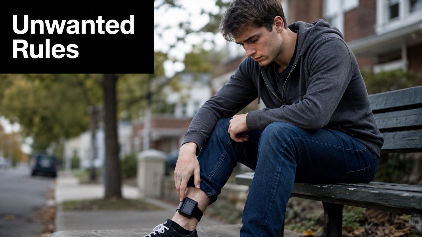 A young man sitting on a park bench looking down at his ankle monitoring device.