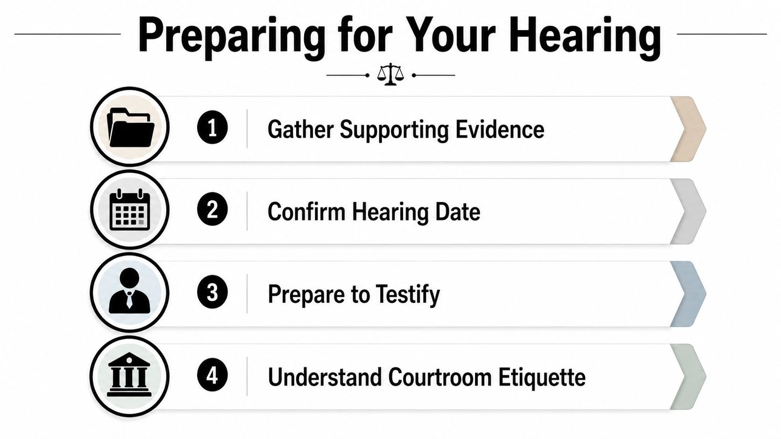 A step-by-step checklist infographic titled Preparing for Your Hearing illustrating legal court preparation procedures.