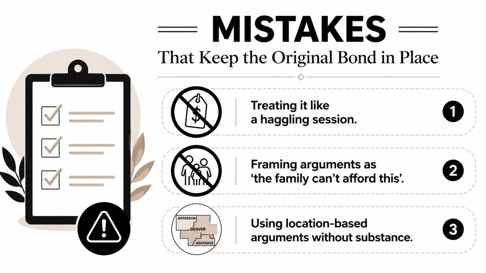 An infographic detailing common mistakes to avoid when trying to get a bail bond reduced.