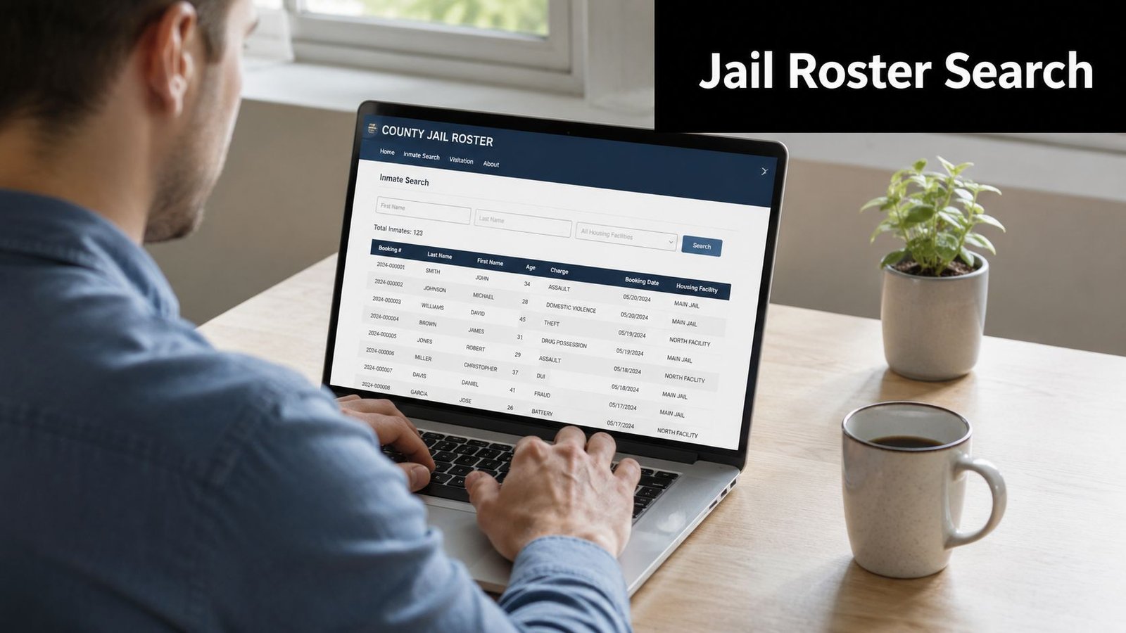 A person using a laptop to view a county jail inmate roster search website from home.