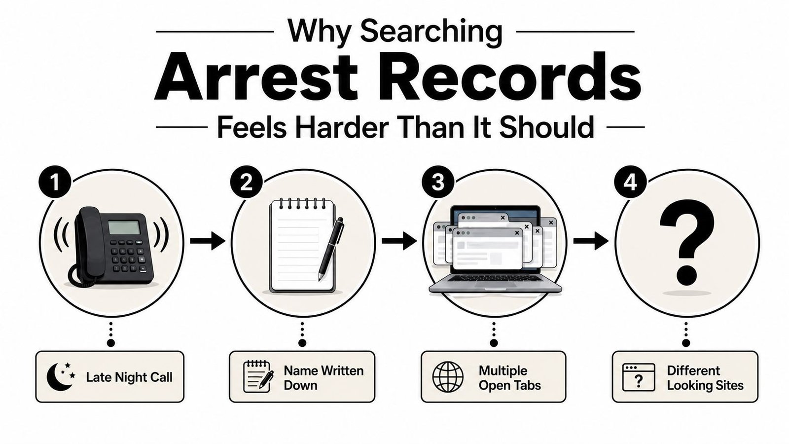 An infographic illustrating the difficult, multi-step process of searching for public arrest records through various sources.