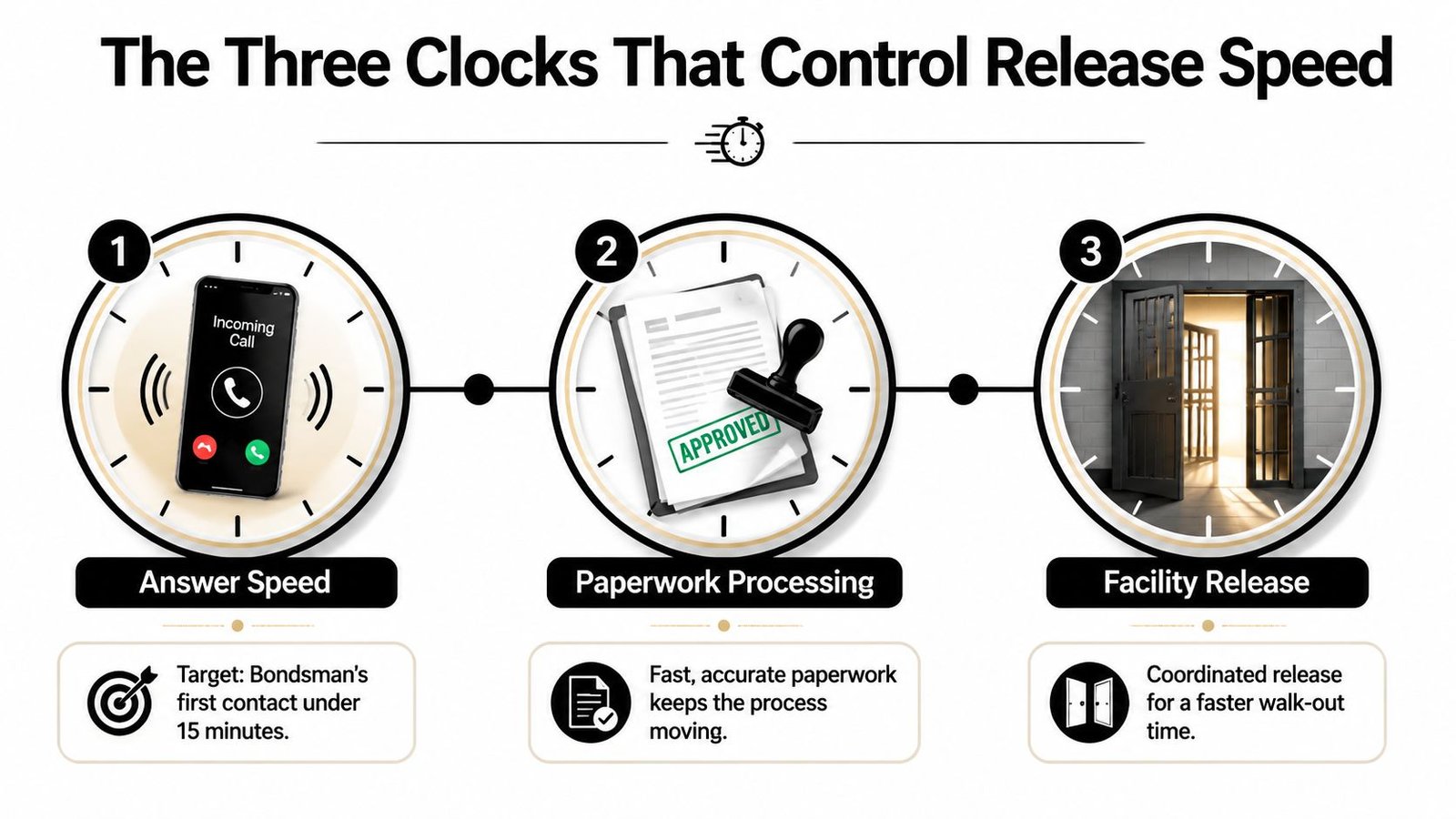 A graphic showing three clocks representing the steps for faster bail bonds release: answering, paperwork, and facility release.