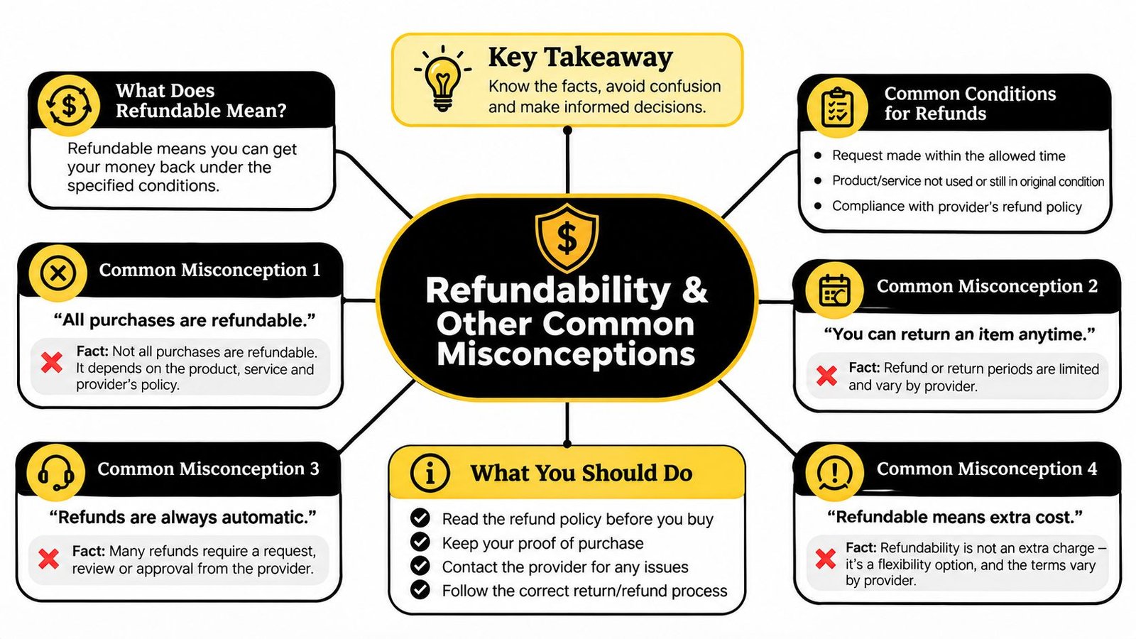 An infographic titled Refundability and Other Common Misconceptions explains refund policies, common myths, and key consumer advice.