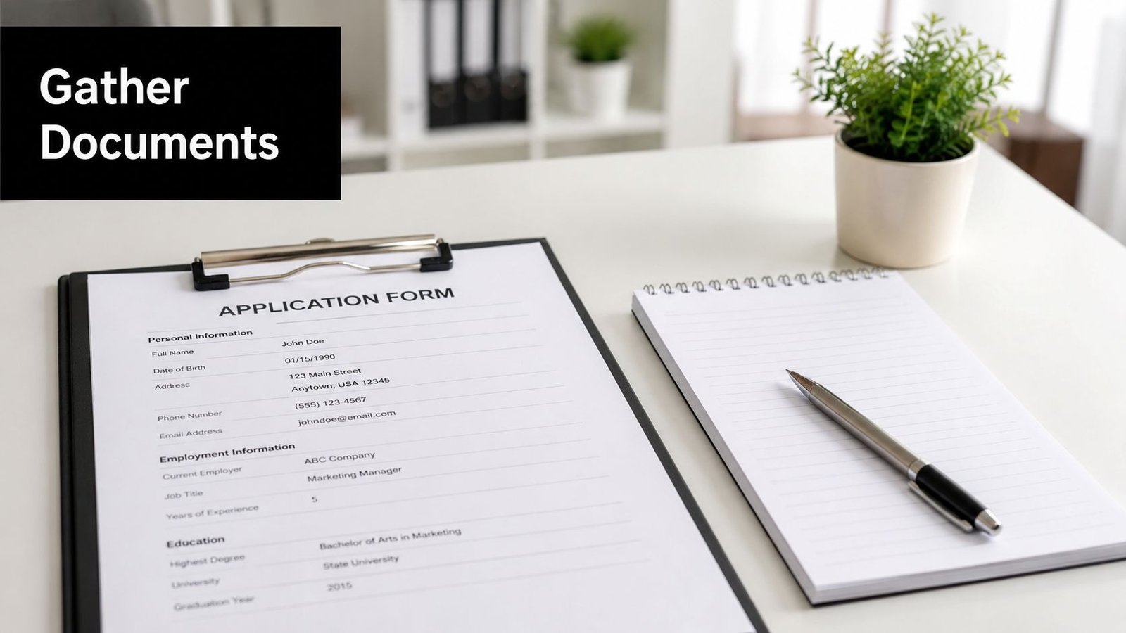 A filled out job application form with a pen and notepad on a clean office desk.