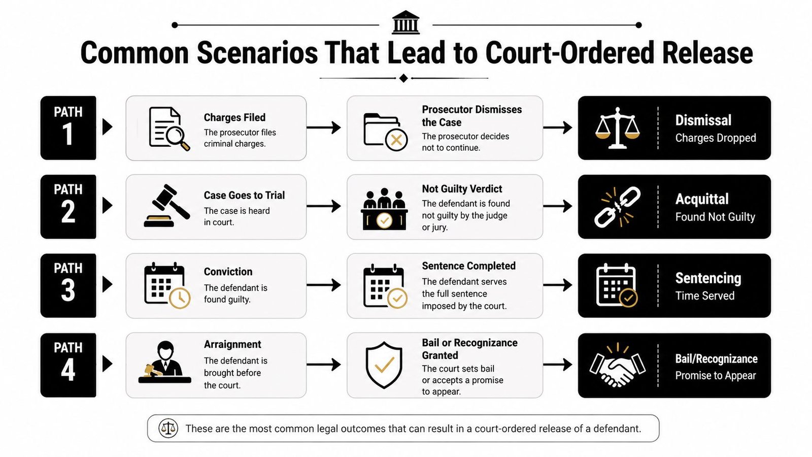 An infographic showing four common legal paths that lead to a court-ordered release for a defendant.