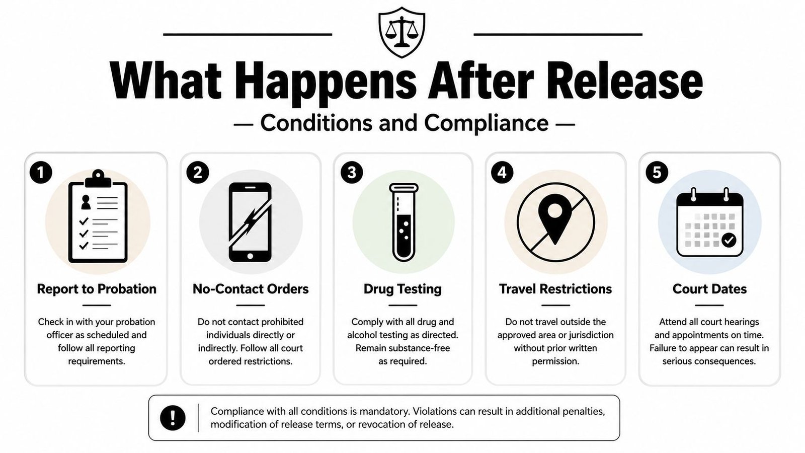 An infographic titled What Happens After Release outlining five mandatory conditions for people released by court order.