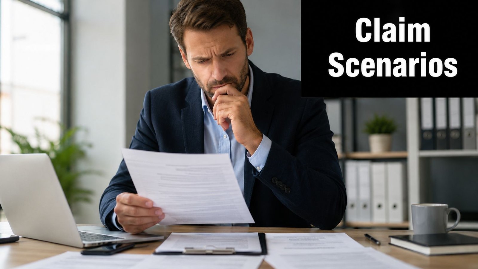 A professional man in a business suit reviewing paperwork with a concerned expression at his office desk.