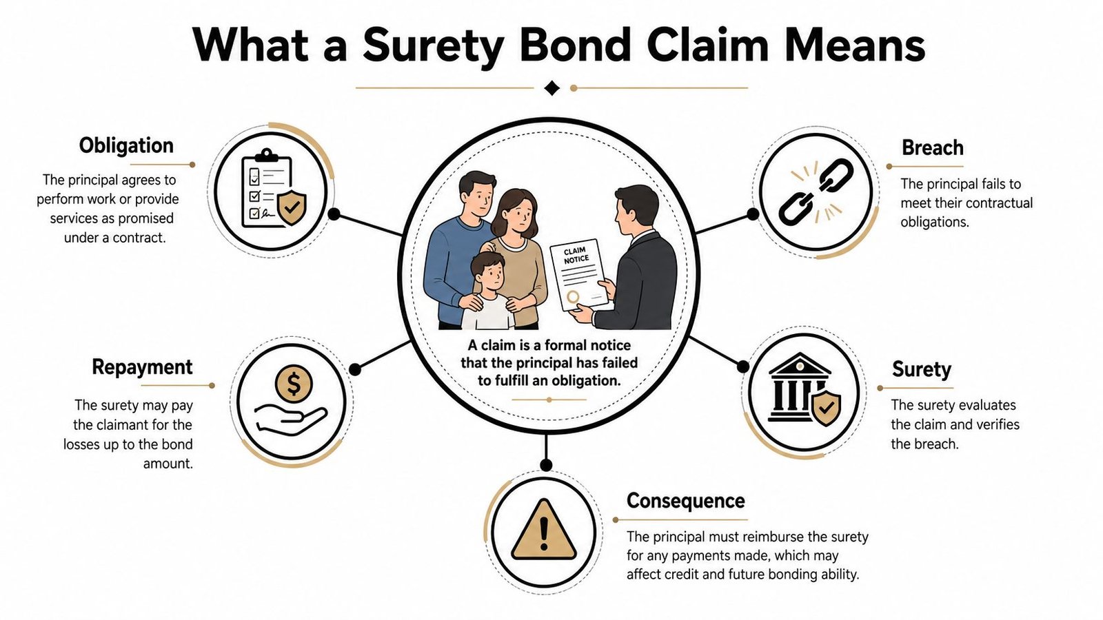 An infographic illustration explaining the process and meaning behind a formal surety bond claim for obligations.