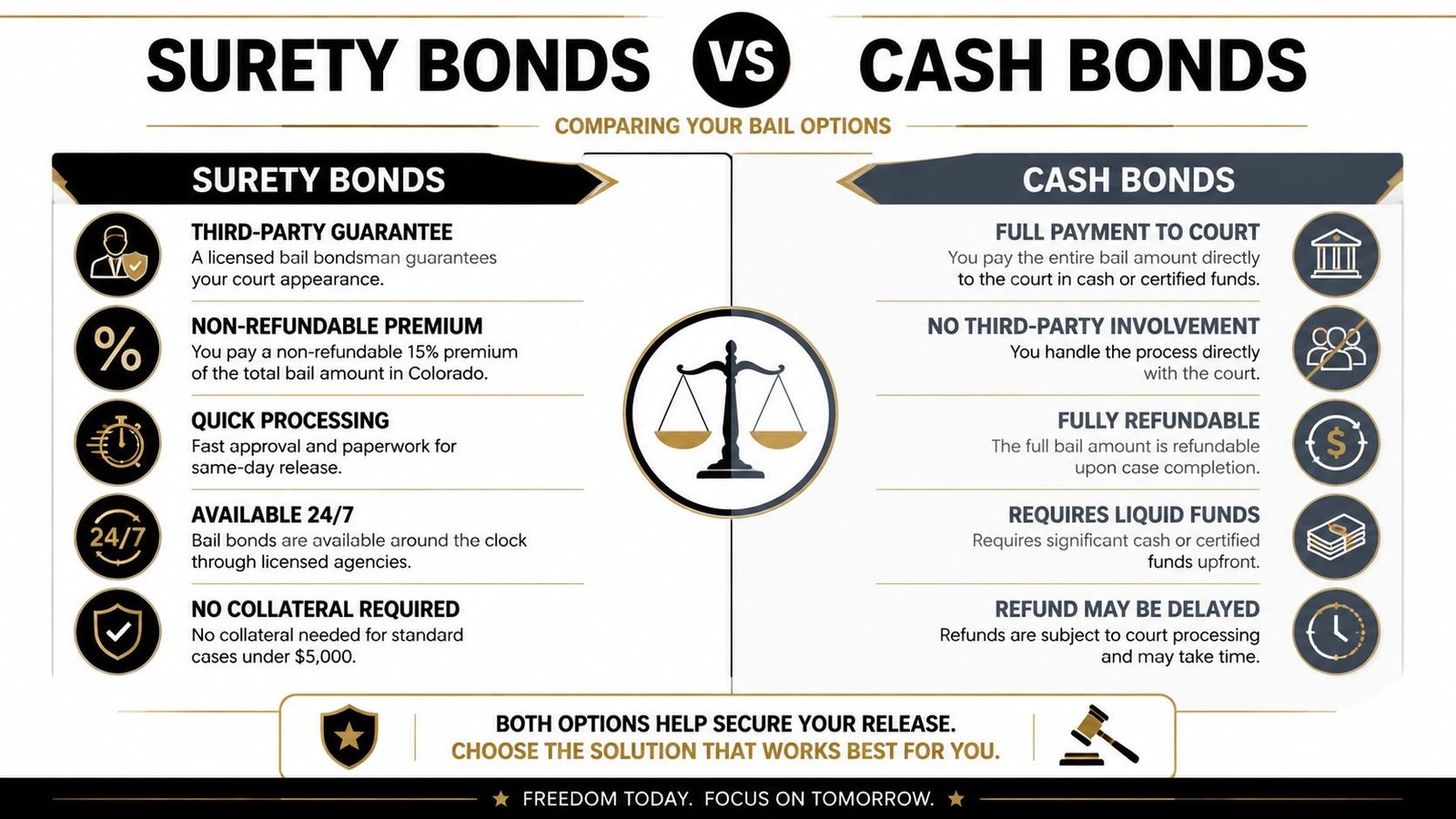 A comparison chart outlining the key differences between surety bonds and cash bonds for bail payments.