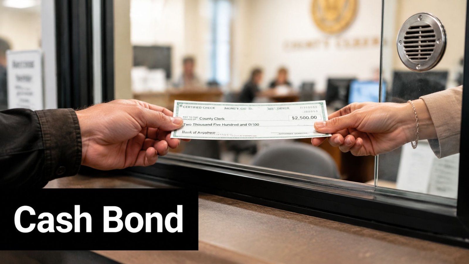 A person handing a certified check to a clerk at a government office window for a bond.