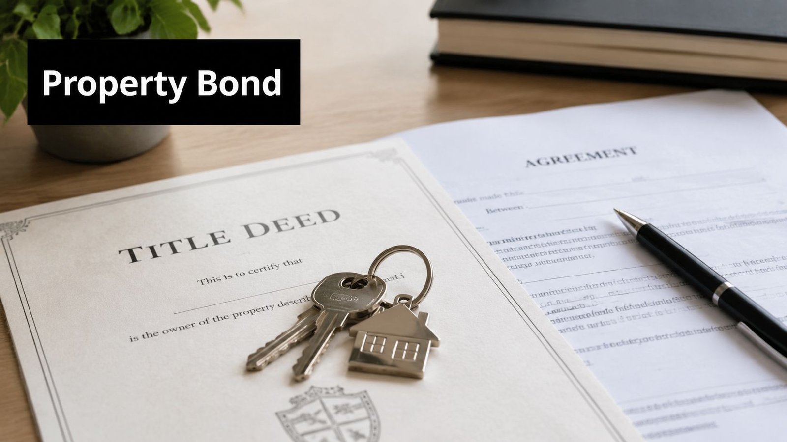 A title deed document and legal agreement with house-shaped keys, symbolizing property ownership and real estate transactions.