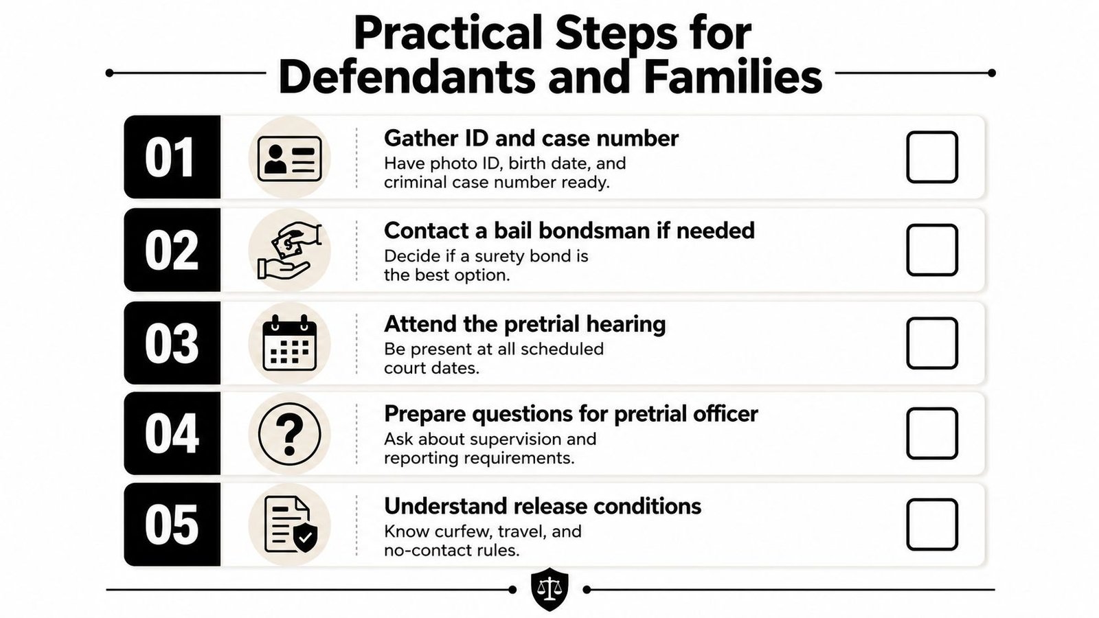 A checklist infographic titled Practical Steps for Defendants and Families listing five essential court preparation tasks.