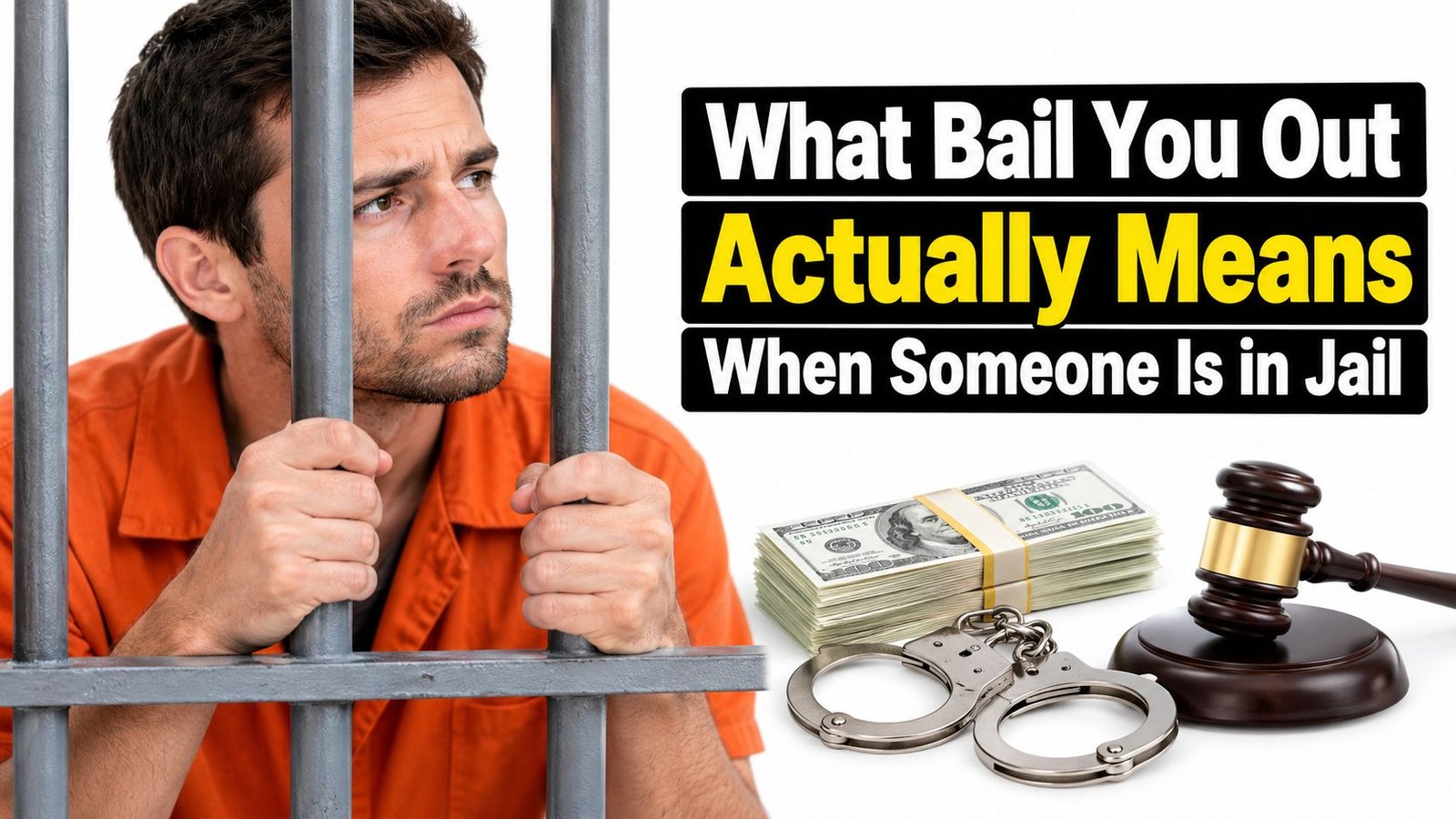 A man in an orange prison uniform looking through jail bars with money, handcuffs, and a gavel.