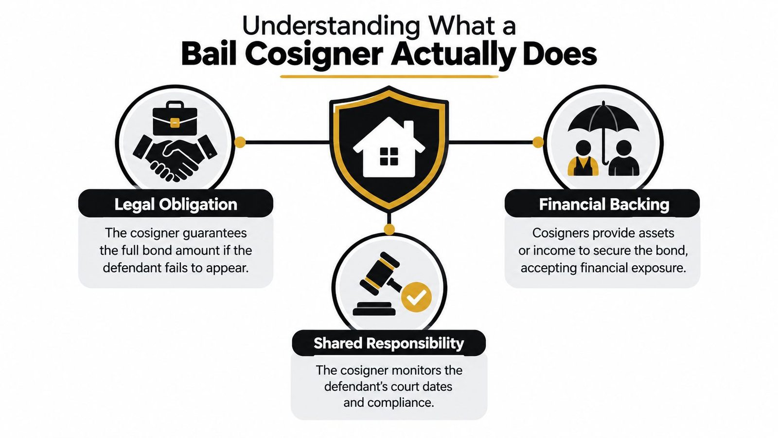 An infographic detailing the three primary responsibilities of a bail cosigner: legal obligation, financial backing, and shared responsibility.