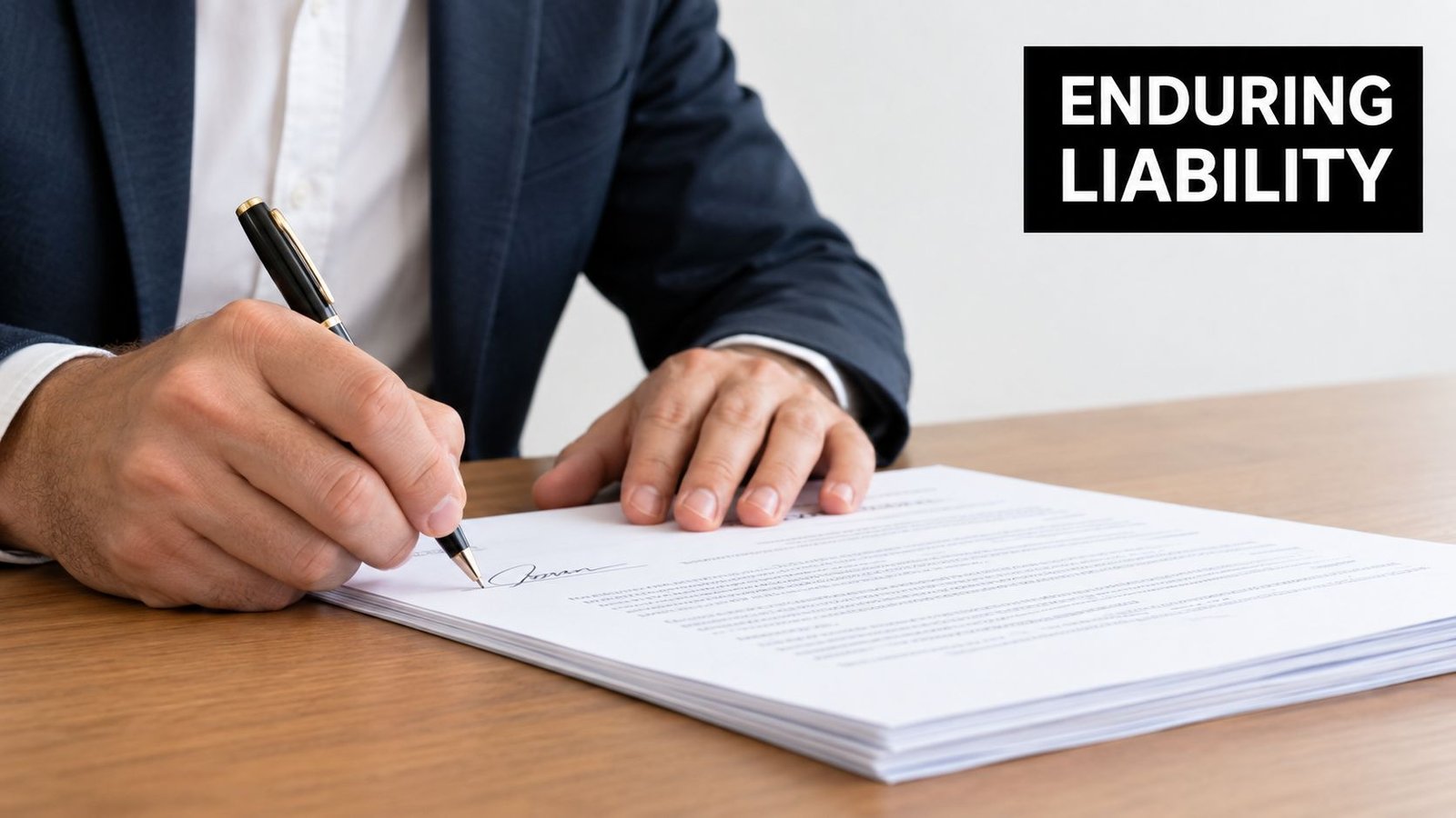 A professional man in a suit signing a legal contract document while sitting at a desk.