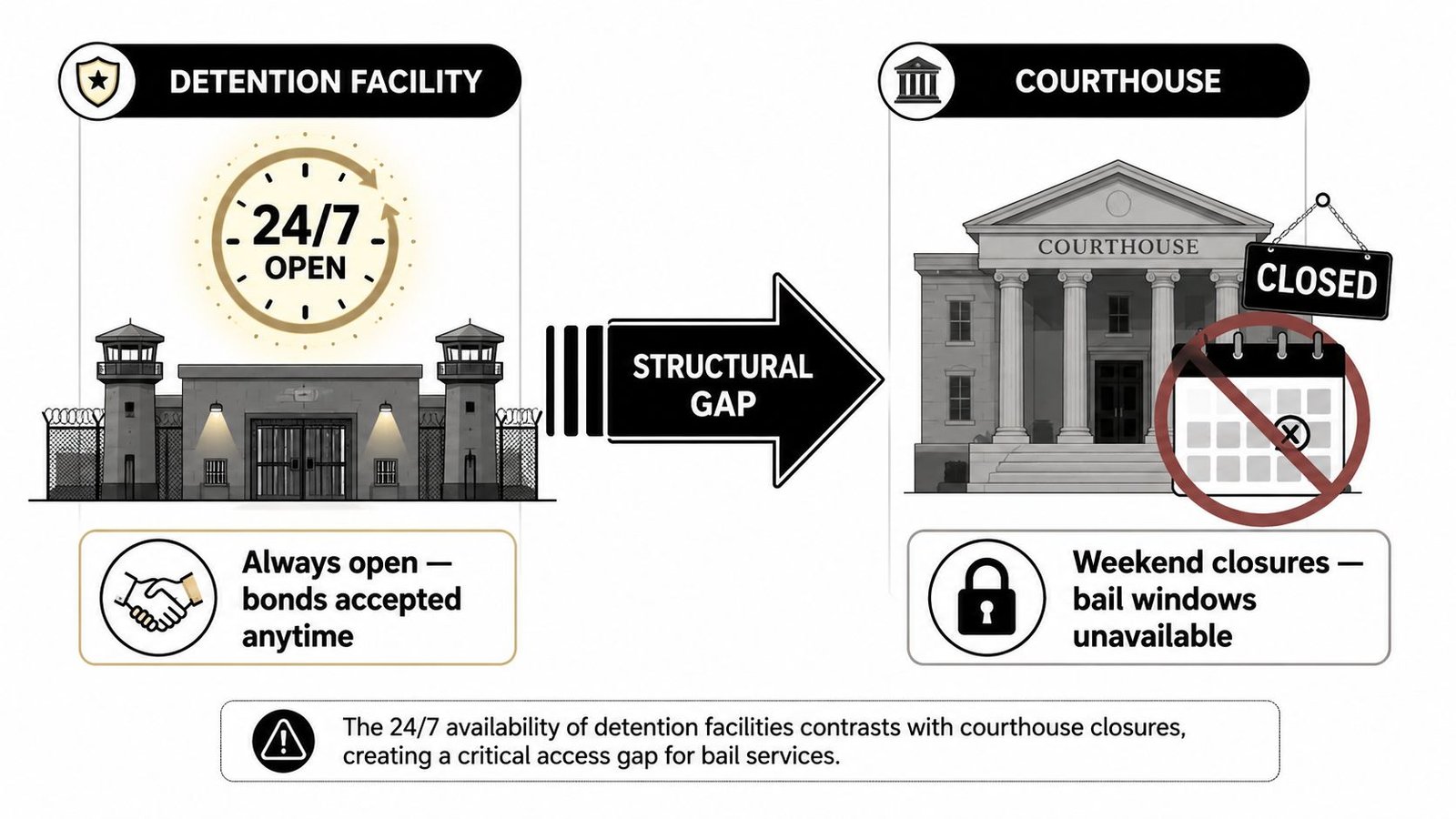 An infographic showing the structural gap between 24/7 detention facilities and weekend-closed courthouses for bail processing.
