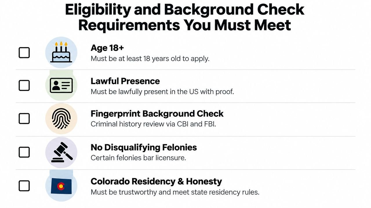 A checklist of eligibility requirements for Colorado bail bondsmen including age, residency, and background check standards.