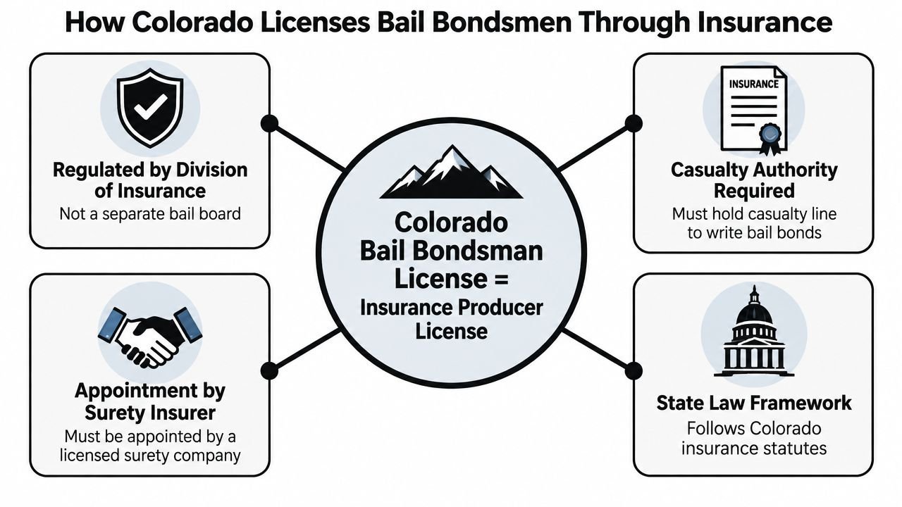 A diagram illustrating that Colorado bail bondsmen licenses are regulated as insurance producer licenses by the state.