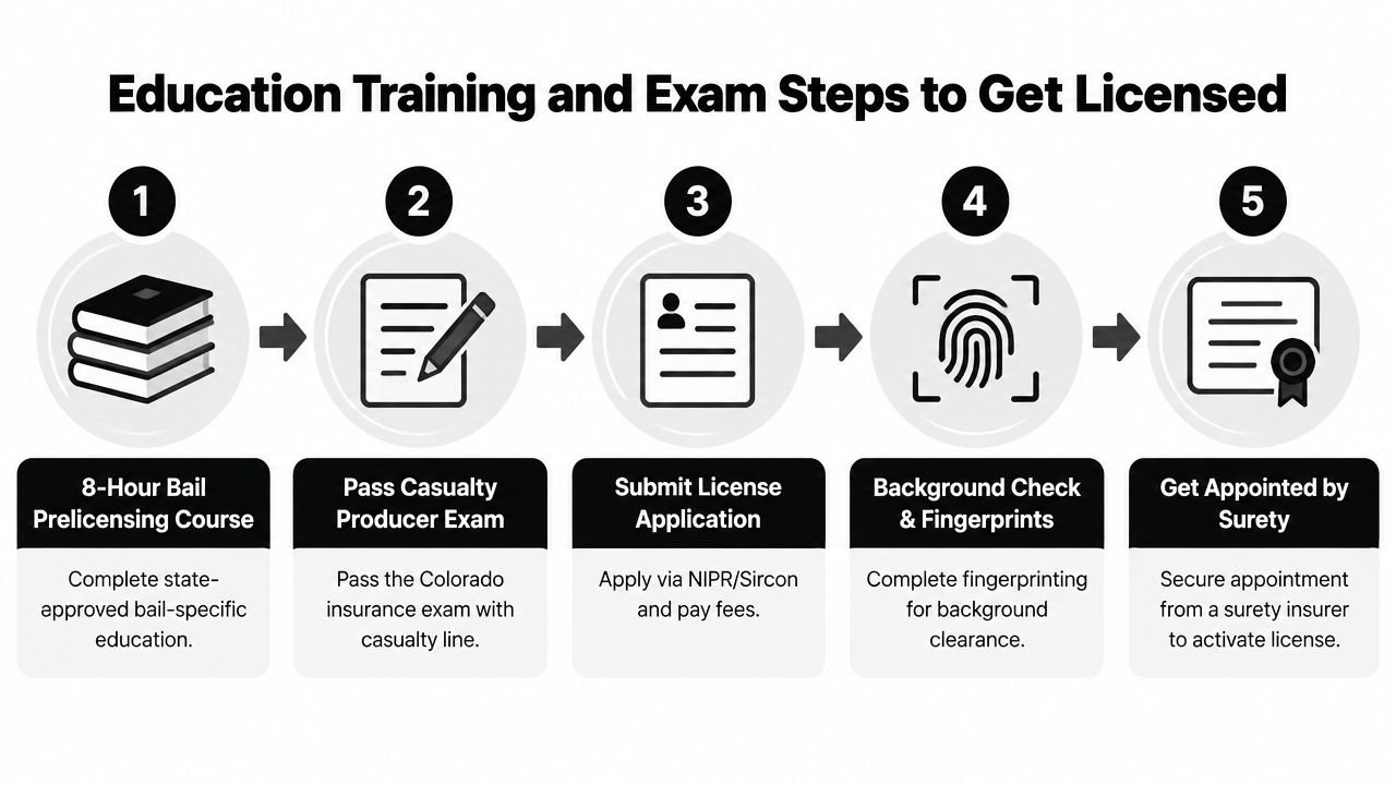 A five-step infographic showing the educational training and exam process to become a licensed bail bondsman.