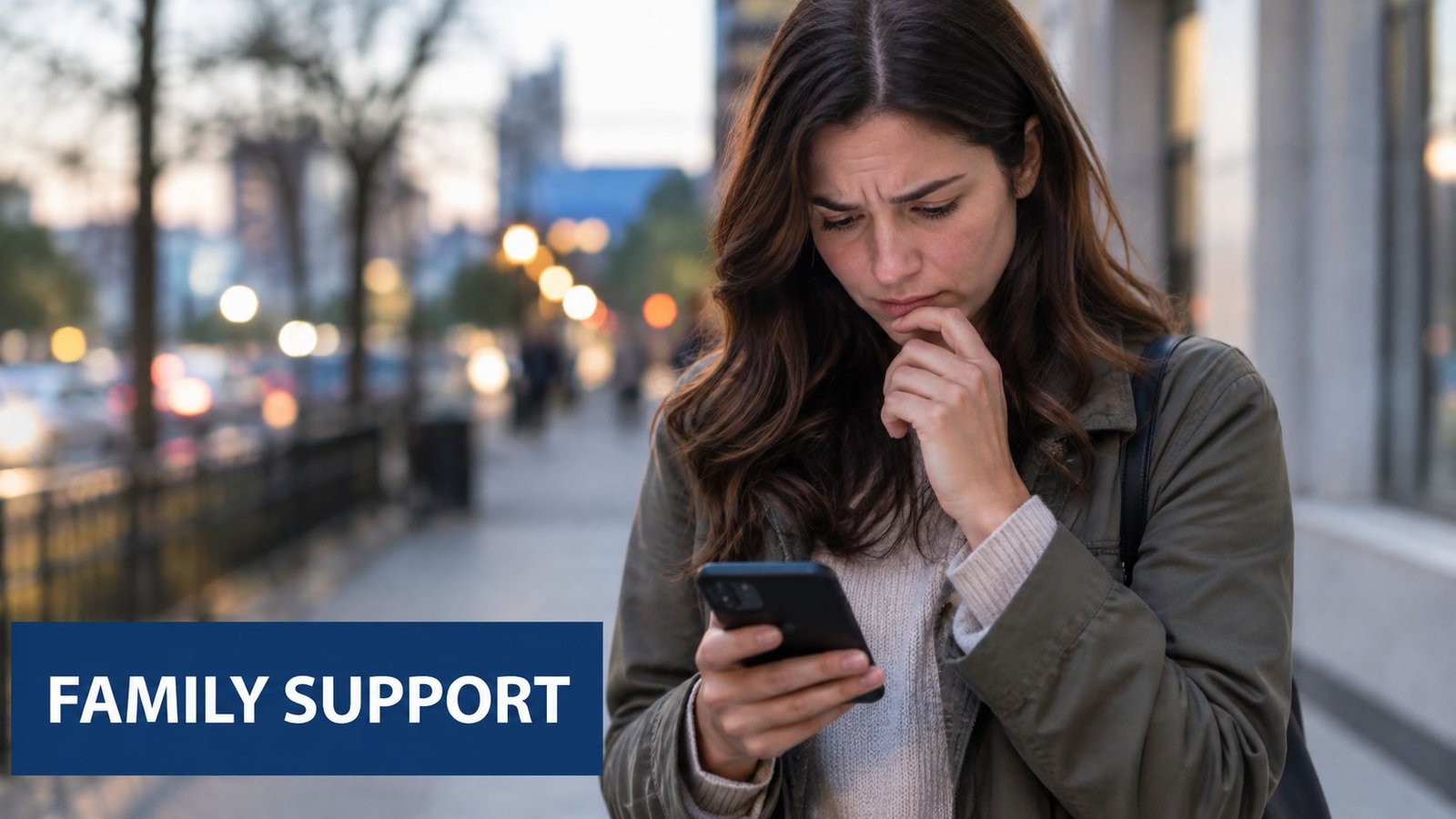 A concerned woman looking at her smartphone while walking down a city street during the evening.