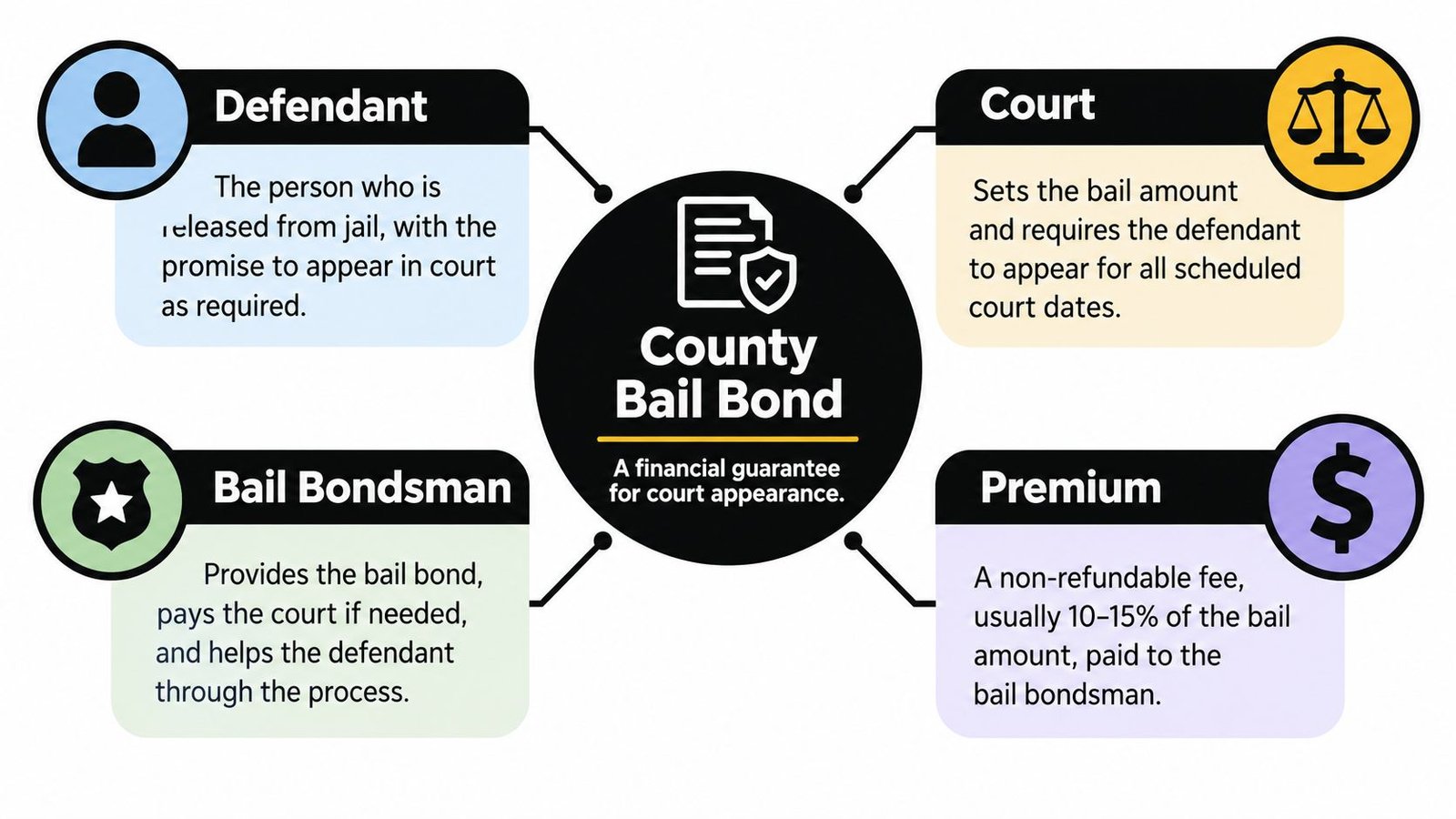 A diagram explaining the roles in a county bail bond process including the defendant, court, bondsman, and premium.