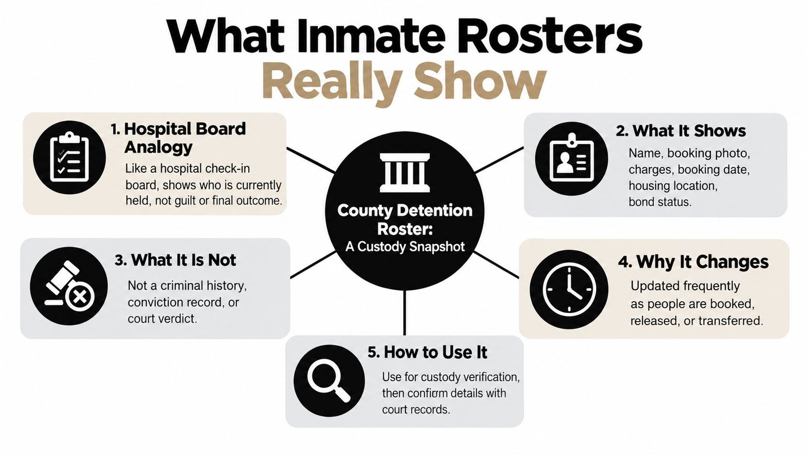 An infographic titled What Inmate Rosters Really Show, explaining that detention rosters are snapshots of custody status.