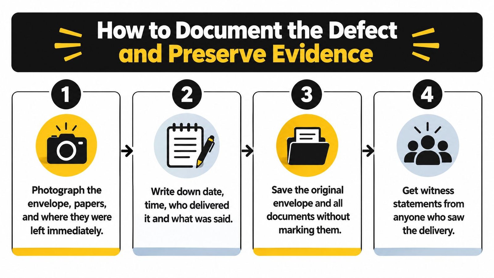 A four-step infographic showing how to document and preserve evidence when legal documents are served improperly.
