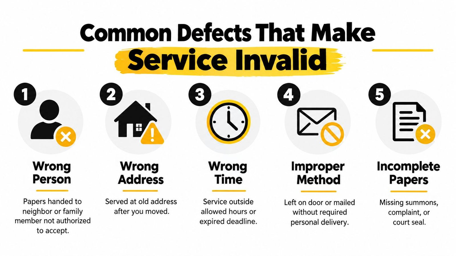 An infographic titled Common Defects That Make Service Invalid outlining five reasons court papers may be served incorrectly.