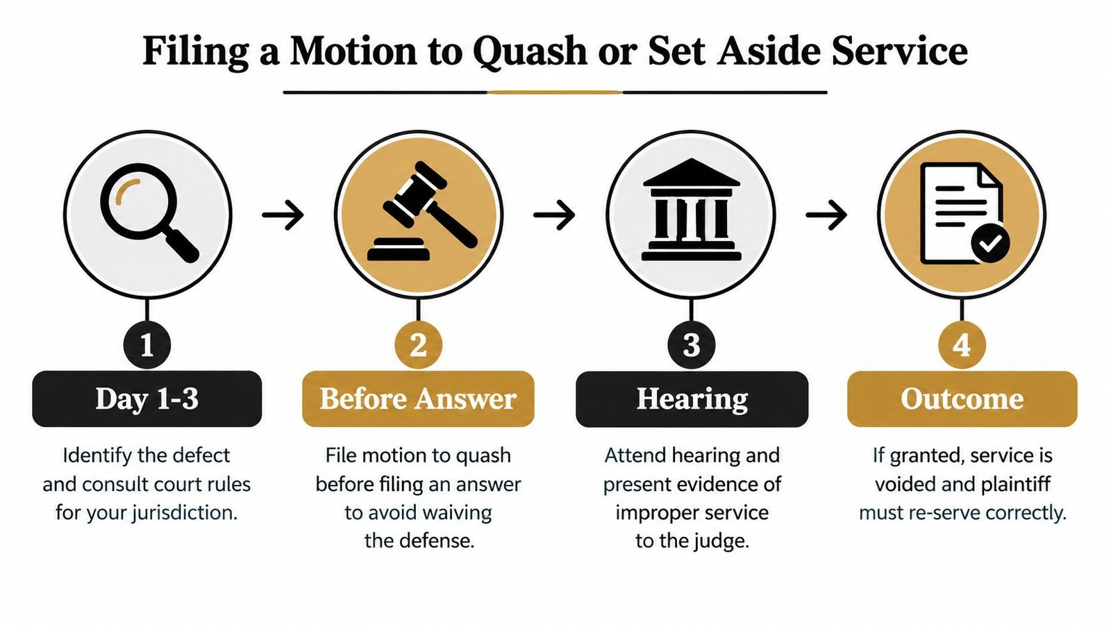 A four-step infographic illustrating the legal process for filing a motion to quash improperly served court papers.