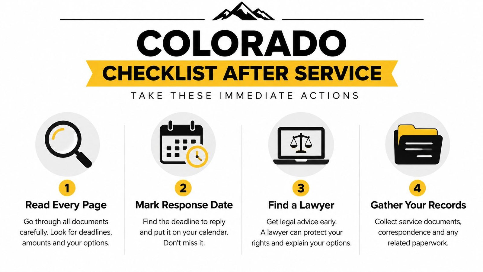 An infographic checklist for Colorado residents outlining immediate steps to take after being served legal documents.