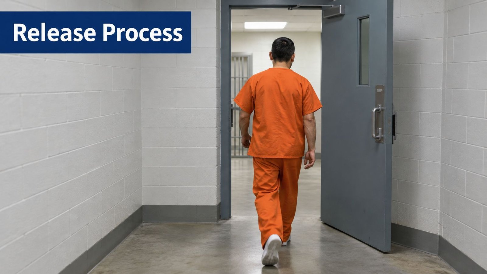 A male prisoner wearing an orange jumpsuit walking through an open metal doorway in a correctional facility.