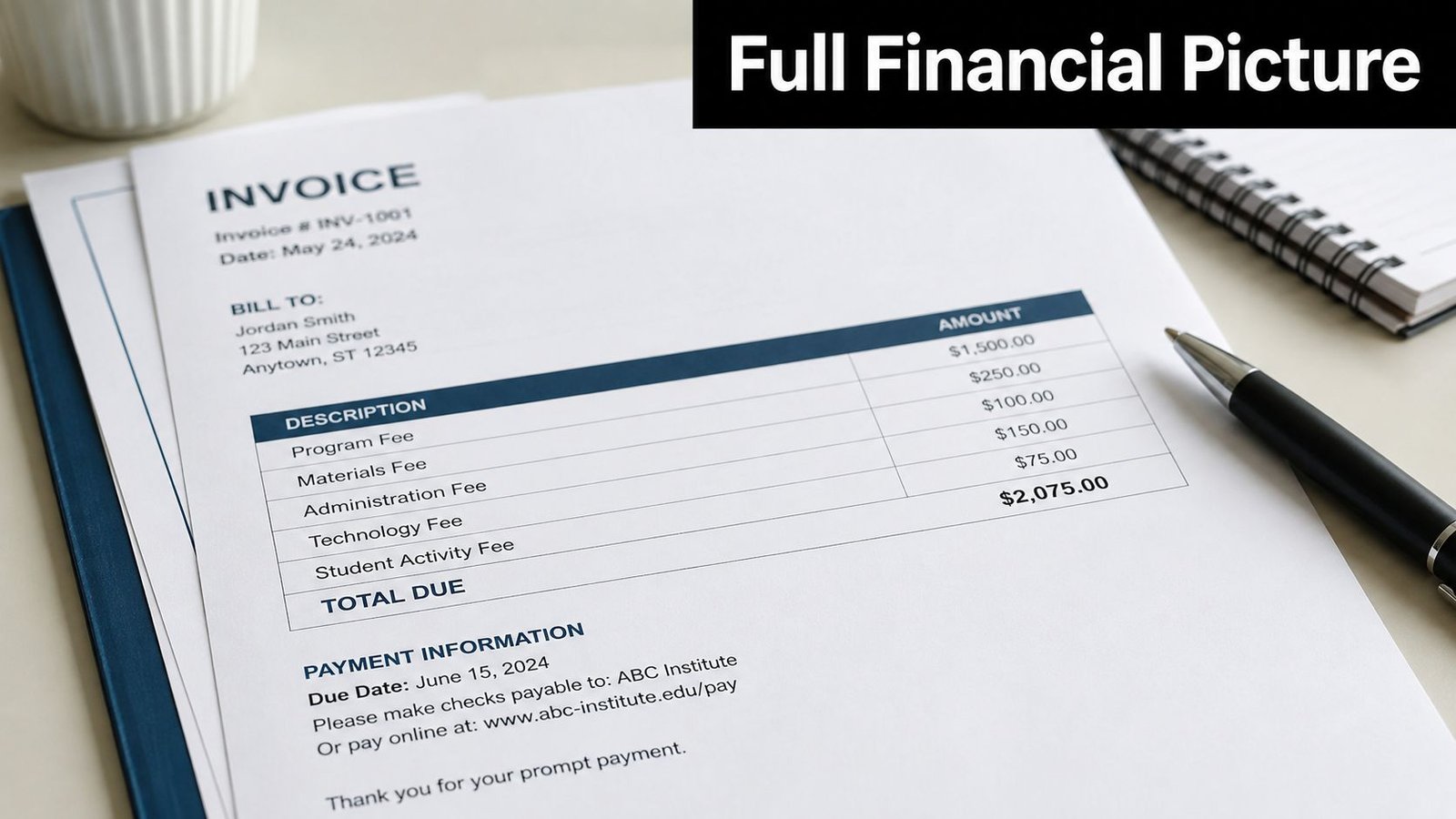 A printed paper invoice from ABC Institute detailing tuition fees and total amount due by June 2024.