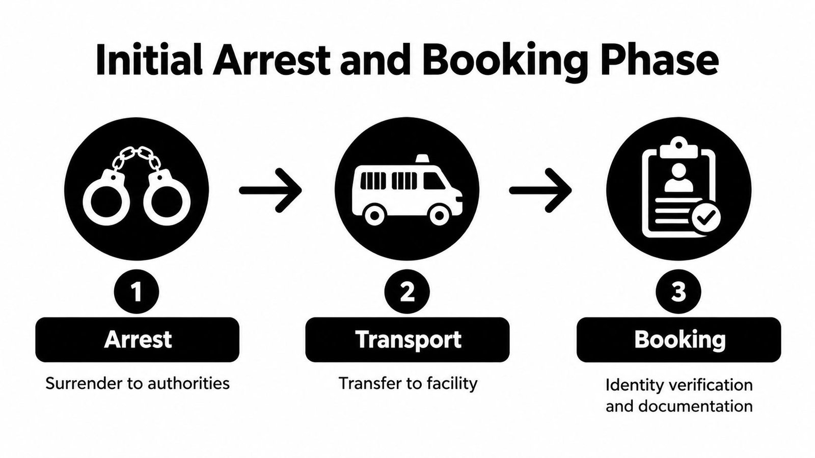 A diagram illustrating the three steps of the initial arrest and booking process for law enforcement.