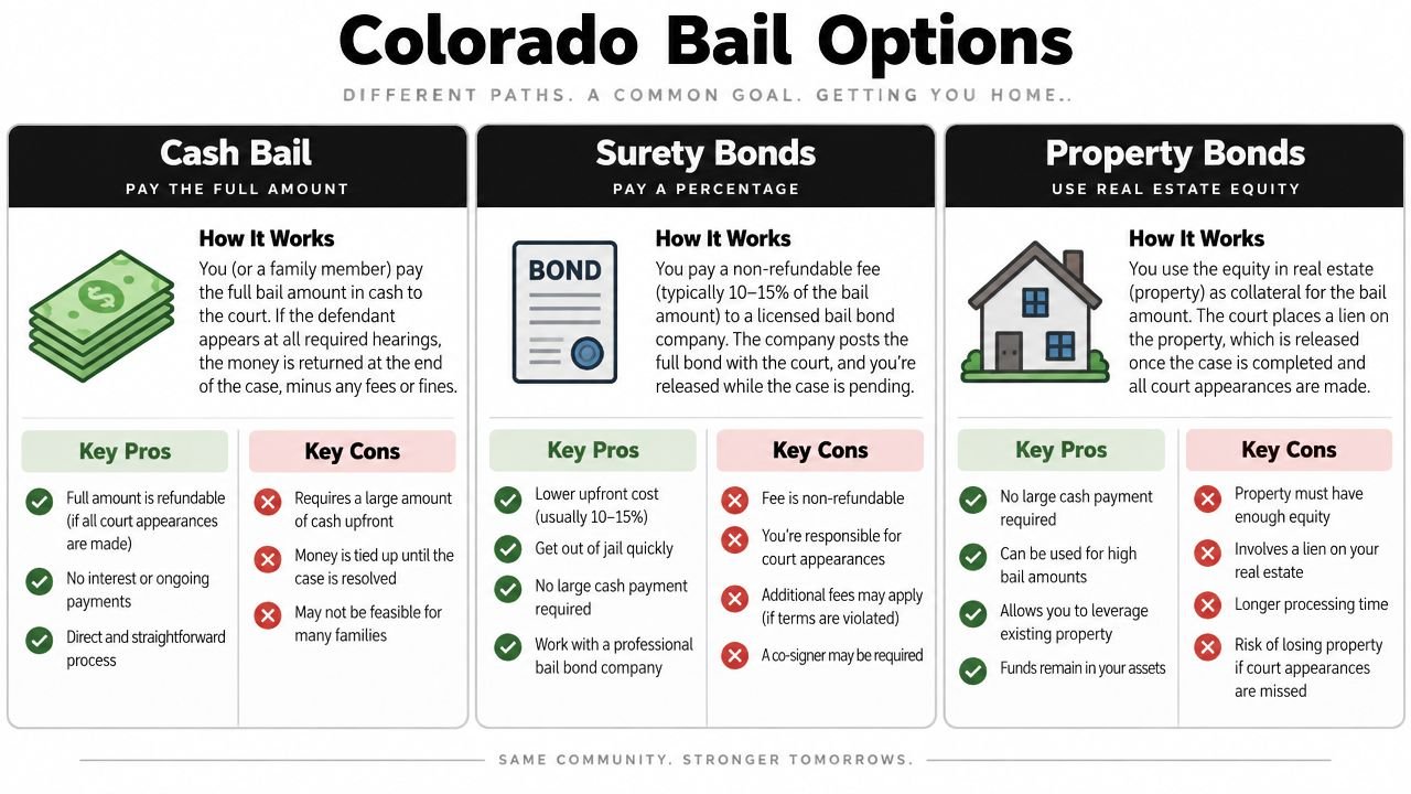 An infographic detailing Colorado bail options including cash bail, surety bonds, and property bonds with pros and cons.