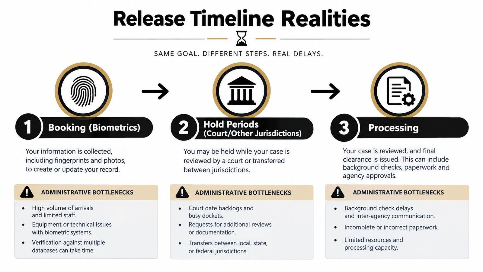An infographic titled Release Timeline Realities showing three steps of a jail release process with potential administrative bottlenecks.