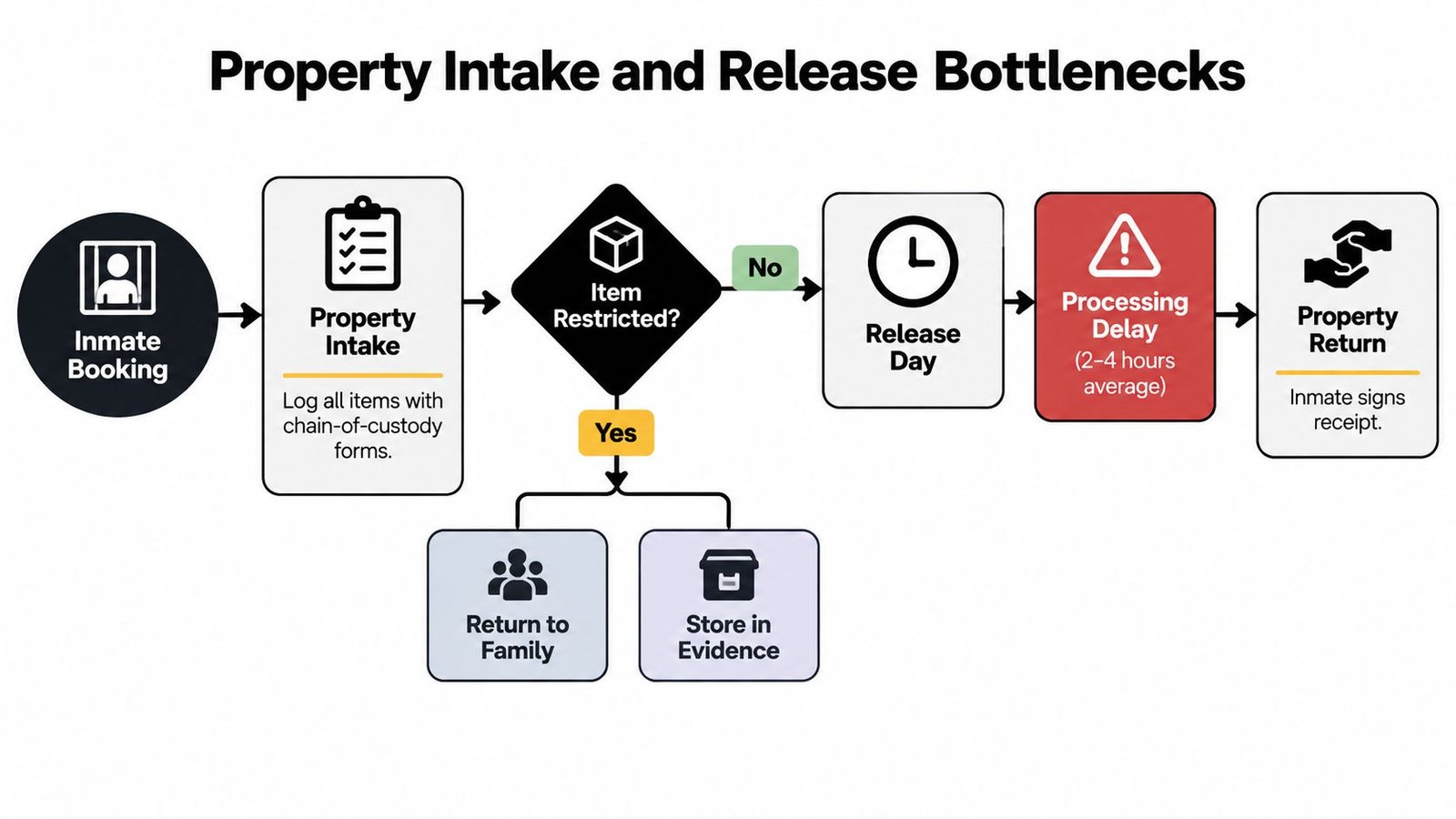 A flowchart titled Property Intake and Release Bottlenecks outlining the process from inmate booking to property return.