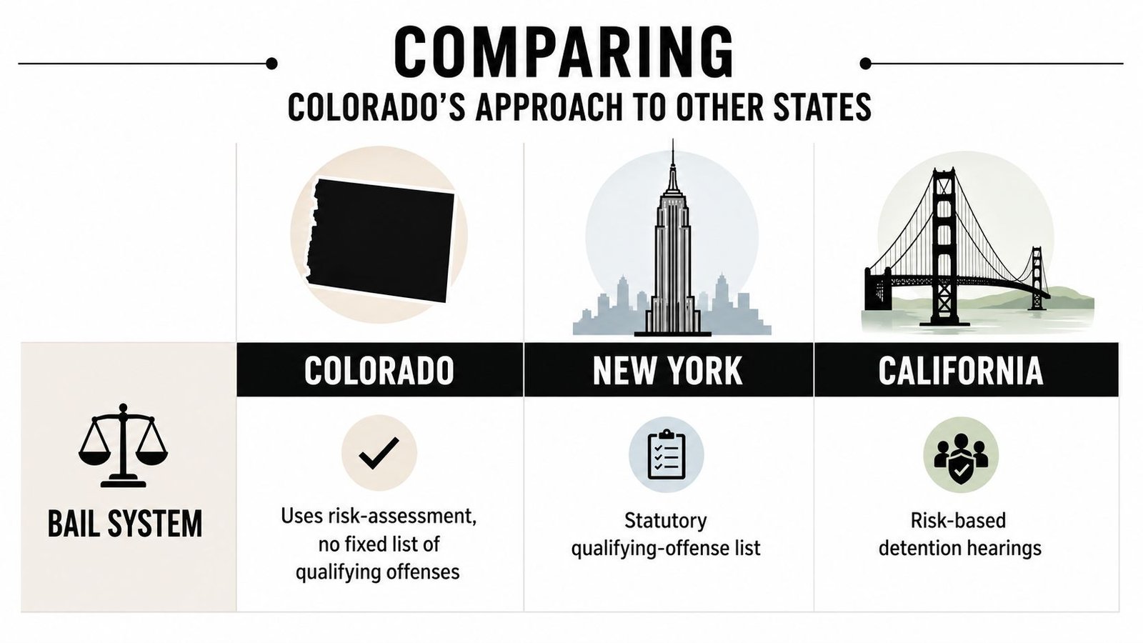 A comparison chart showing how Colorado, New York, and California handle bail systems and pretrial detention policies.