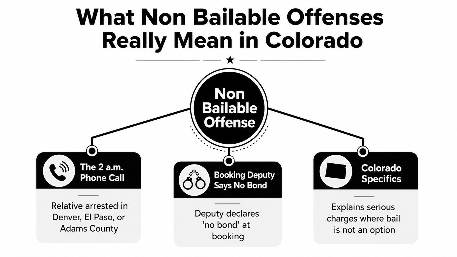 A diagram explaining non-bailable offenses in Colorado, featuring phone calls, booking procedures, and state-specific legal information.