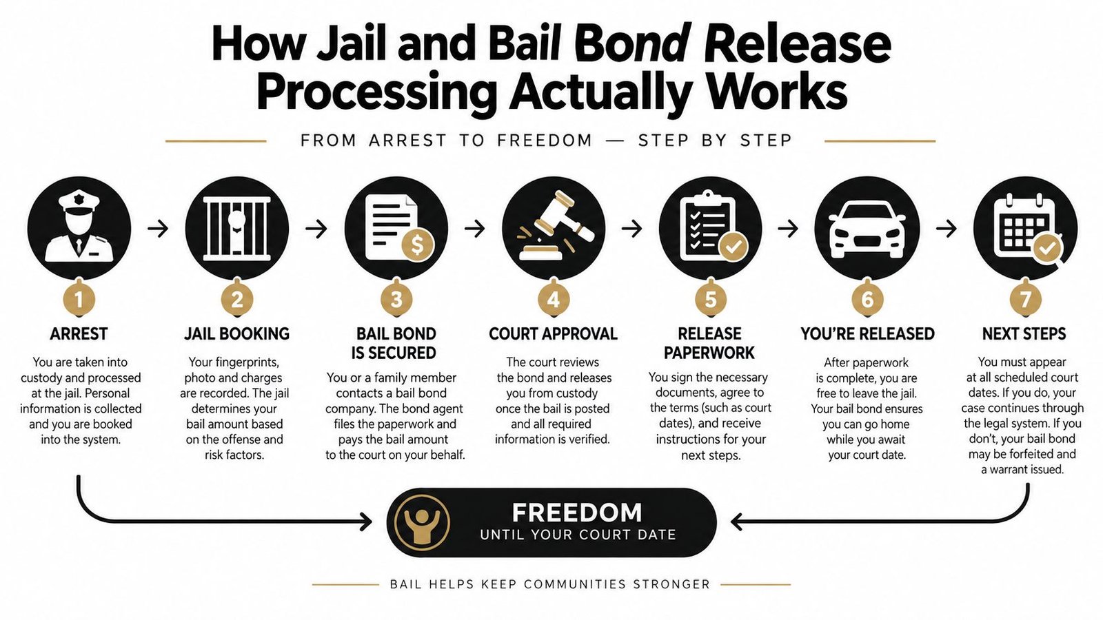 A step-by-step infographic showing the legal process from arrest to release through a bail bond company.