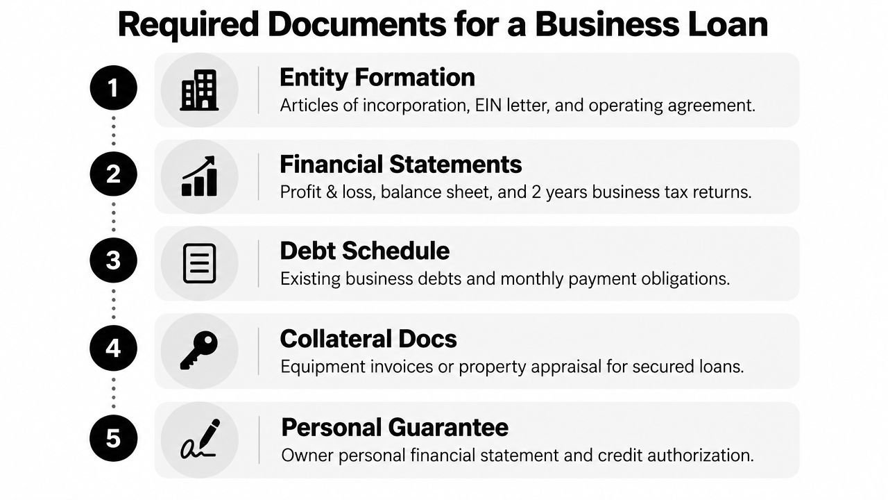 A numbered list infographic outlining five essential document categories required for a business loan application.