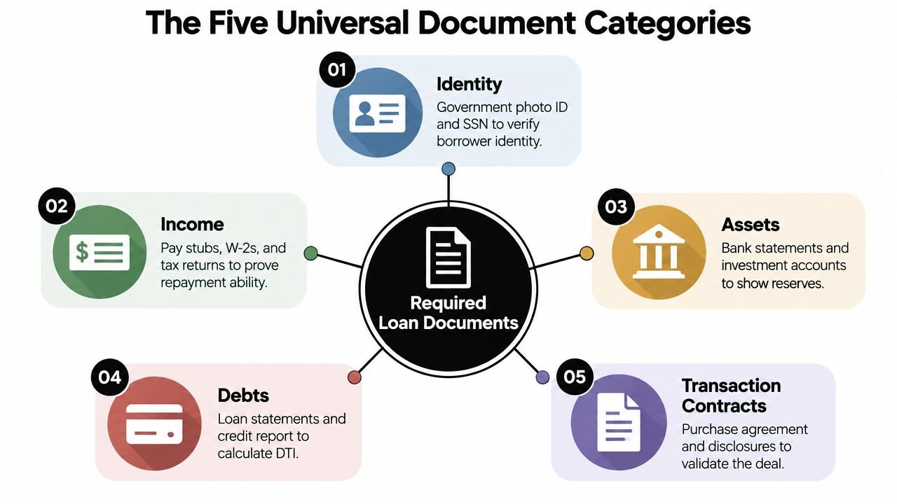 A diagram illustrating the five universal categories of required loan documents for verifying borrower information.
